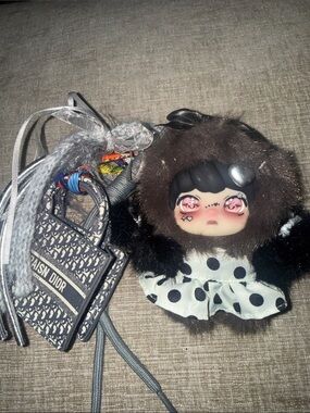 Lokiki Dior Black and White Polka Dot Doll Keychain Charm w card